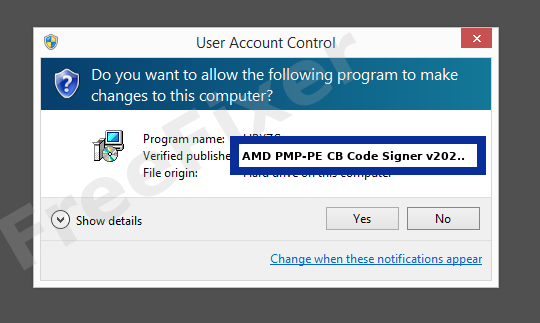 Screenshot where AMD PMP-PE CB Code Signer v20220131 appears as the verified publisher in the UAC dialog